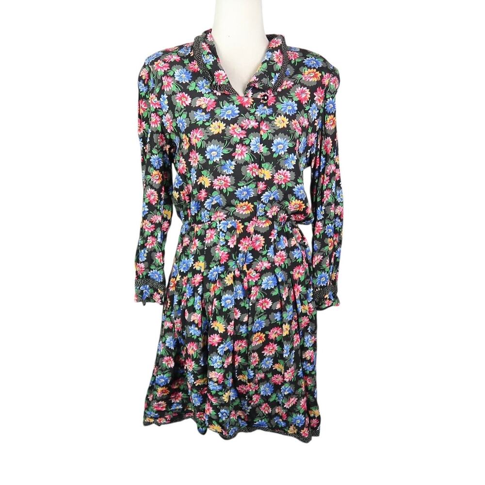 Vintage 90s Liz Claiborne Black Multicolor Floral Mini Shirt Dress 8P